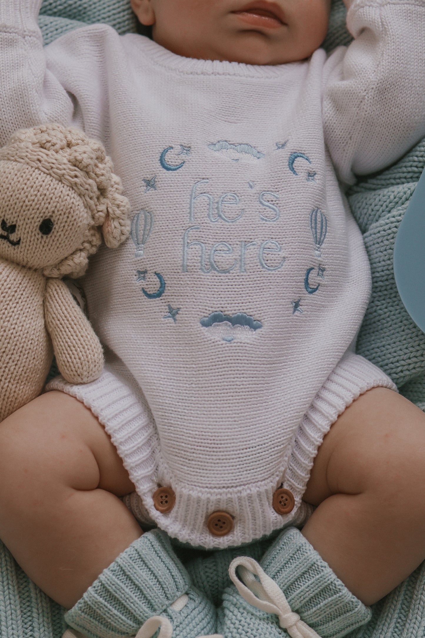 He’s Here Announcement Romper | Cloud | Coconut