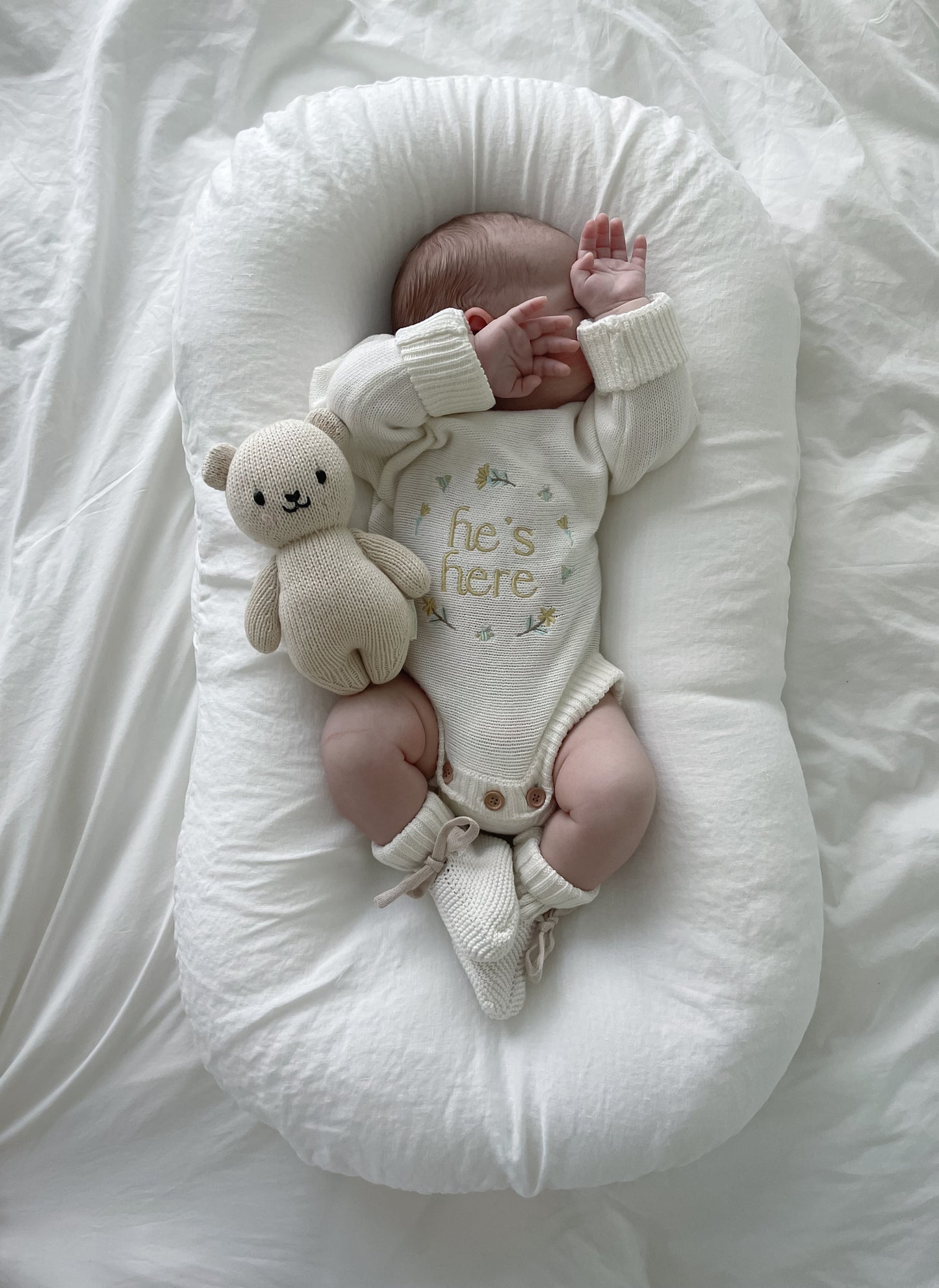 He’s Here Announcement Romper | Honey | Milk + Yellow writing