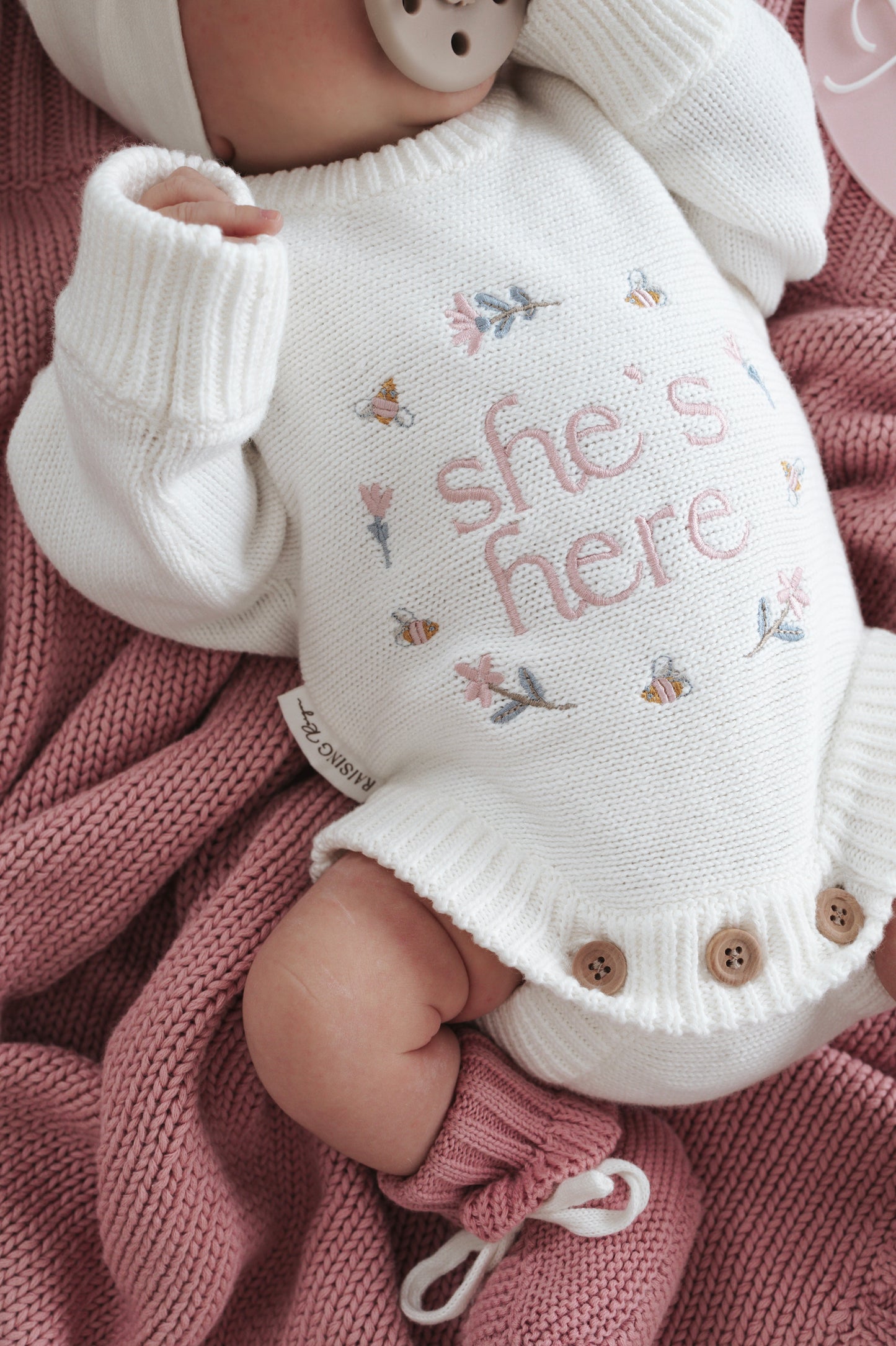 MAY PREORDER | She’s Here Announcement Romper | Honey Blossom | Milk