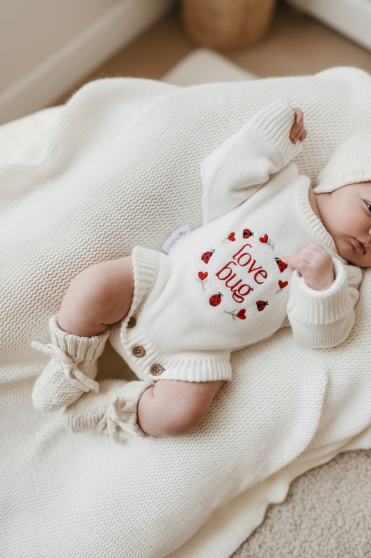 Love Bug Romper | Coconut with Heart Embroidery