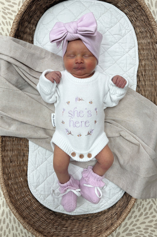 She’s Here Announcement Romper | Honey Blossom  | Lilac